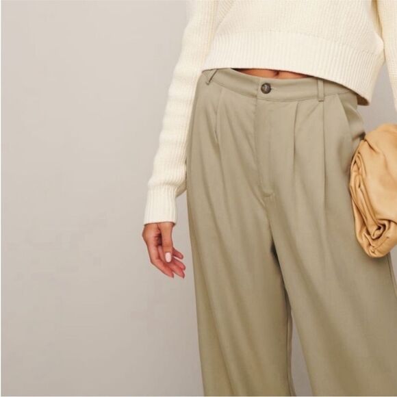 Reformation Mason High Waisted Wide Leg Trouser Pants in light Khaki 12 - Picture 6 of 6
